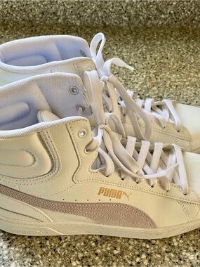 Puma White Vicky V3 High-Top Leather Sneakers with Suede Stripe